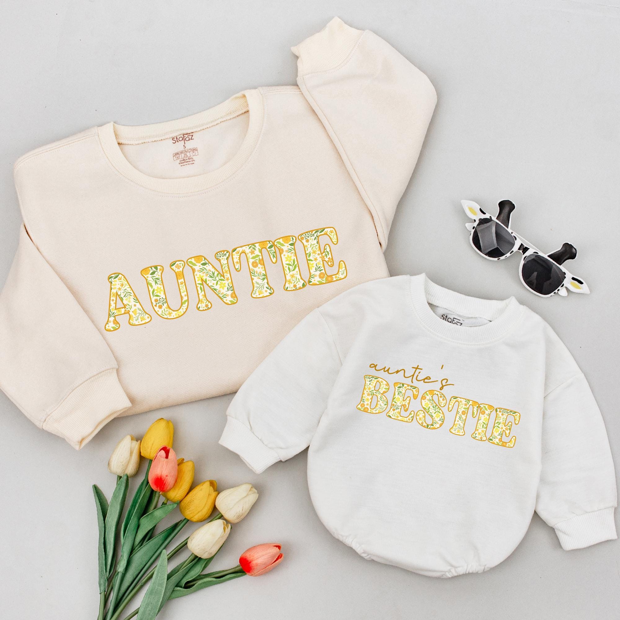 Auntie Floral Sweatshirt & Auntie's Bestie Baby Romper, Matching Outfit for New Baby Announcement or Family Photos