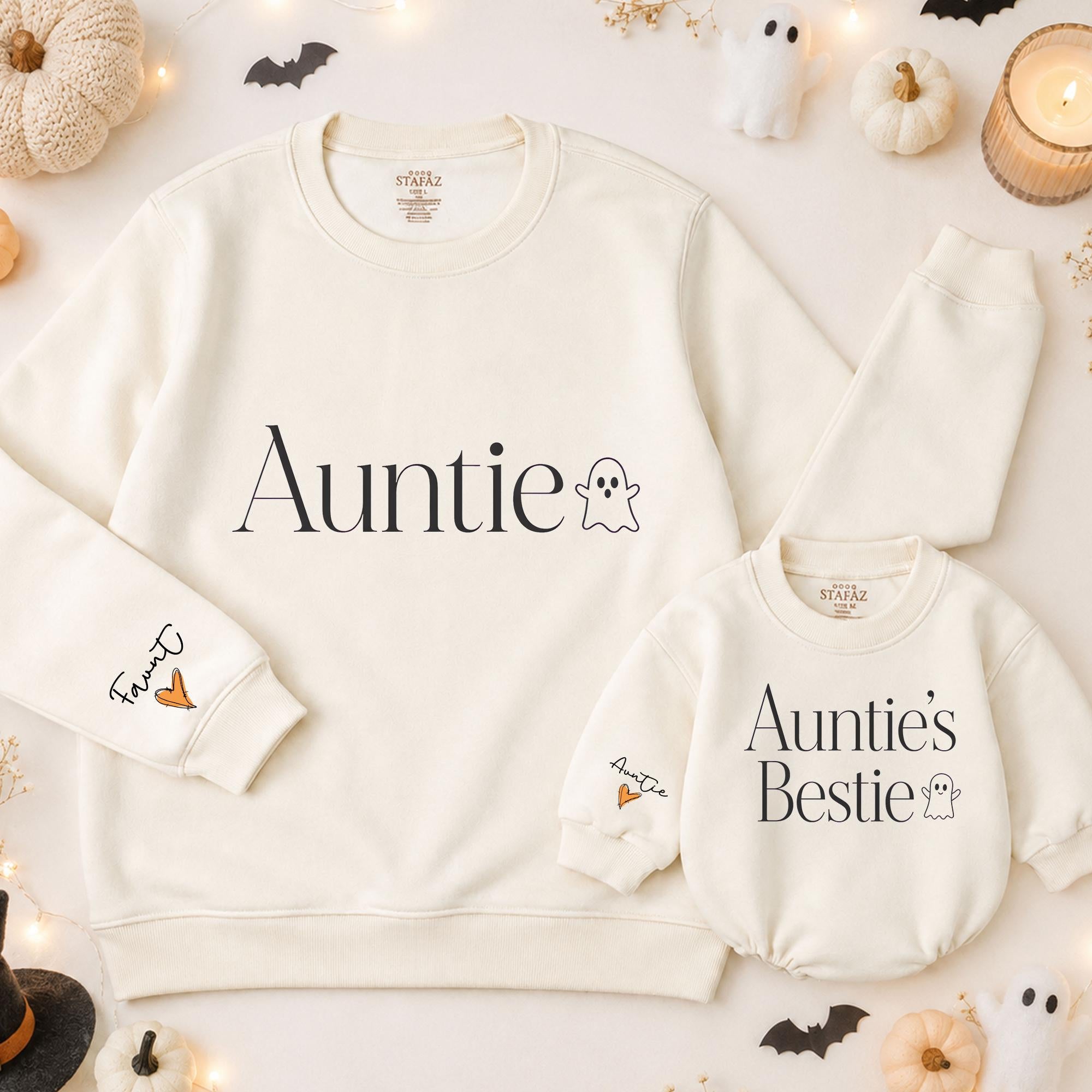 Auntie Ghost Sweatshirt with Minimalist Halloween Design, Matching Baby Romper Outfit for Fall Pumpkin Patch or Spooky Photos