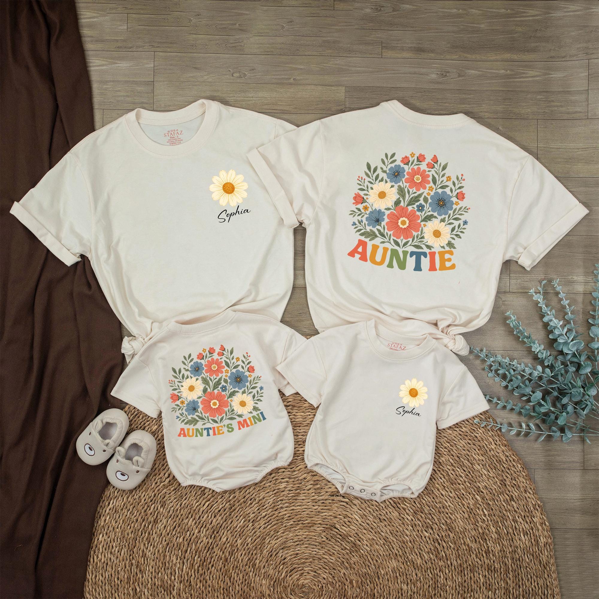 Auntie & Me Floral Baby Romper and Matching Shirt Set, Custom Name, Retro Vintage Wildflower Design for Niece and Aunt