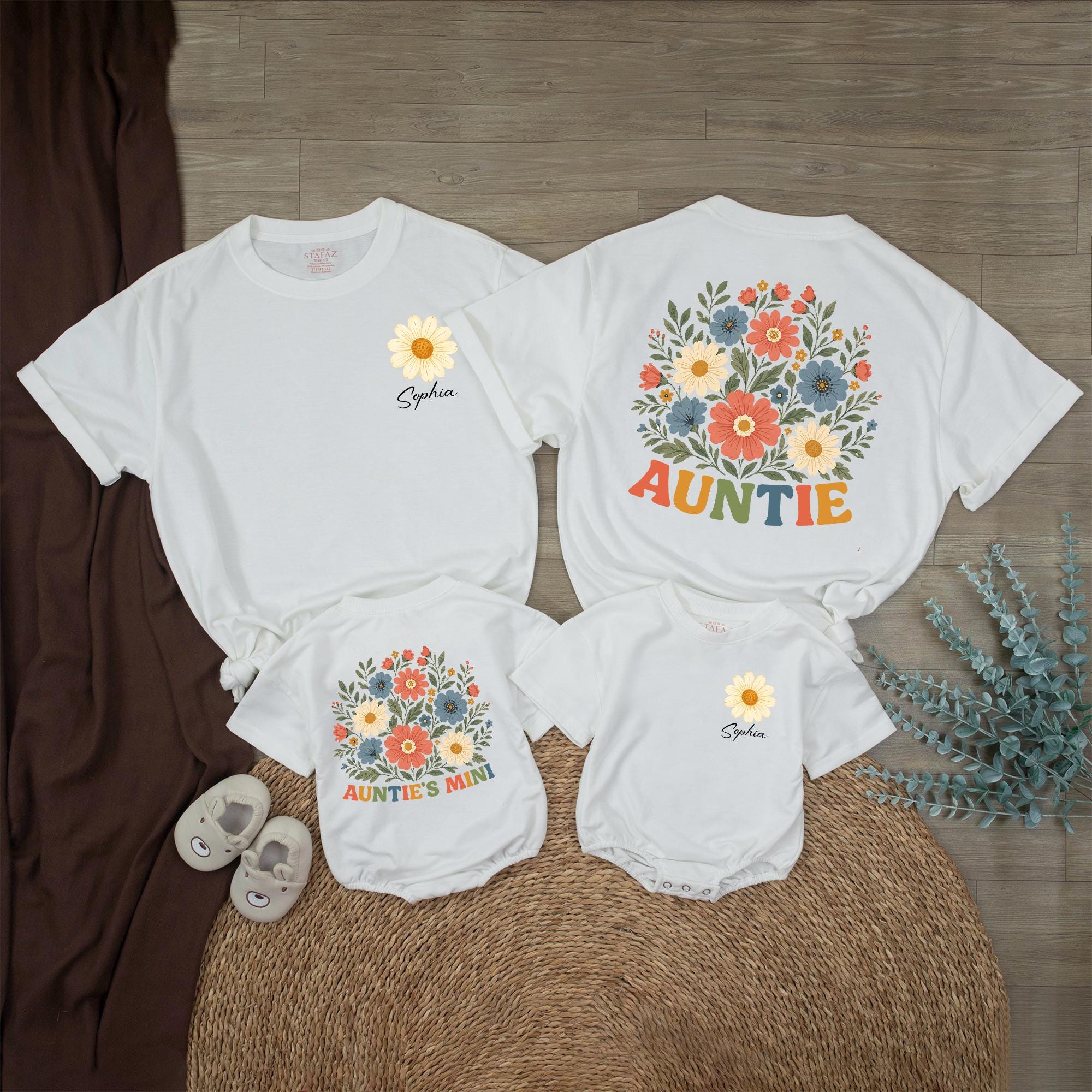 Auntie & Me Floral Baby Romper and Matching Shirt Set, Custom Name, Retro Vintage Wildflower Design for Niece and Aunt