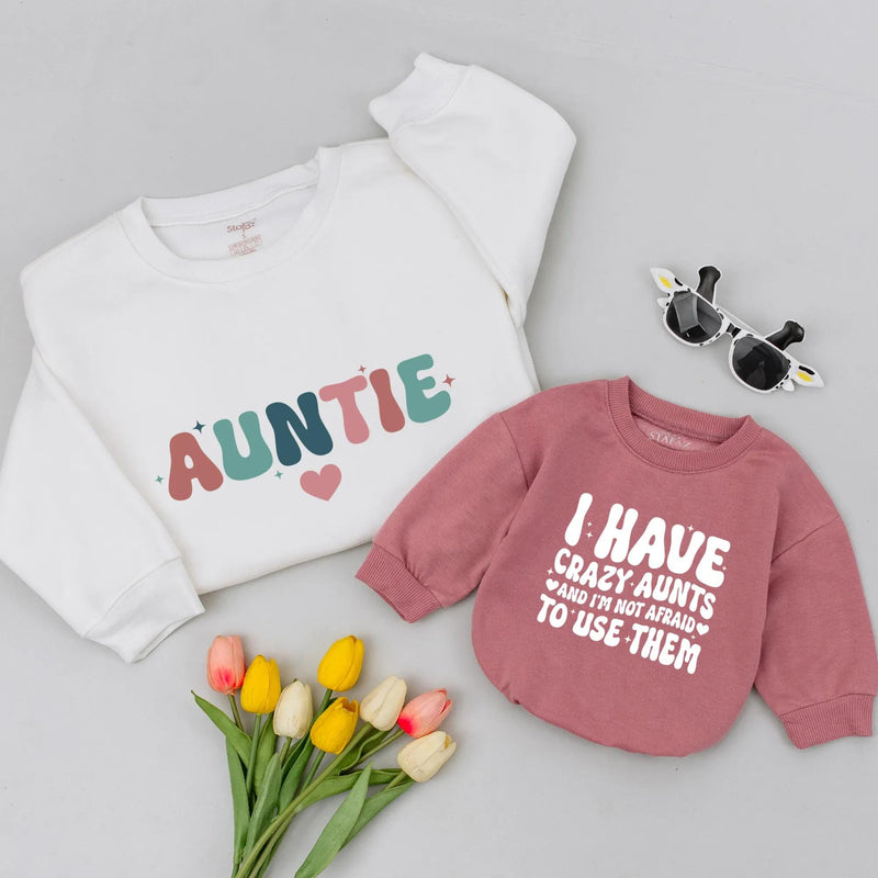 Auntie and Me Matching Sweatshirts Retro Groovy Design for Baby Toddler Boy or Girl Gift from New Aunt Fun Holiday Family Outfit