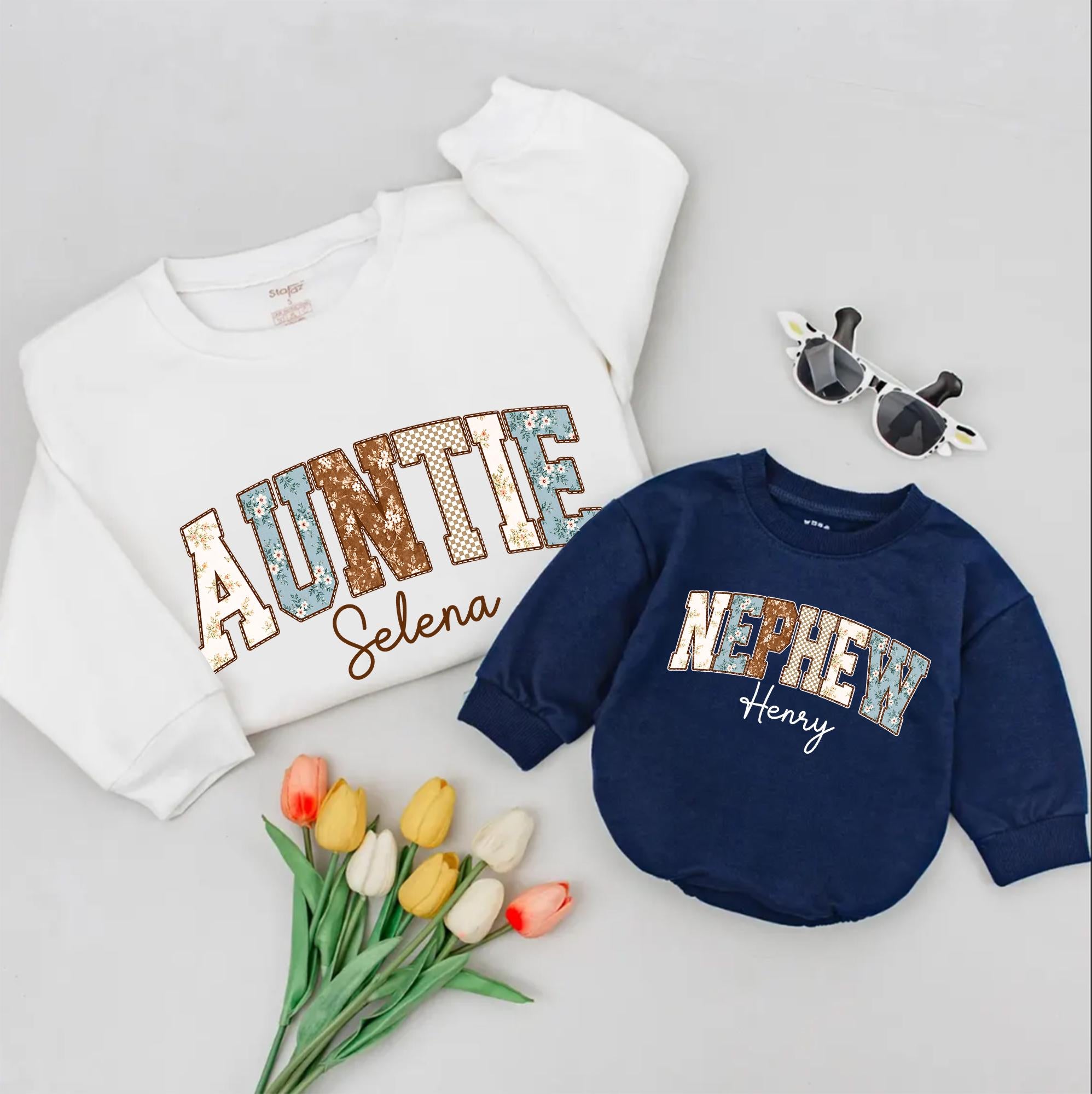 Auntie and Nephew Matching Outfits with Glitter Lettering, Custom Name Sweatshirt & Romper, Unique New Aunt Gift Idea