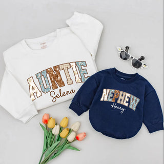 Auntie and Nephew Matching Outfits with Glitter Lettering, Custom Name Sweatshirt & Romper, Unique New Aunt Gift Idea