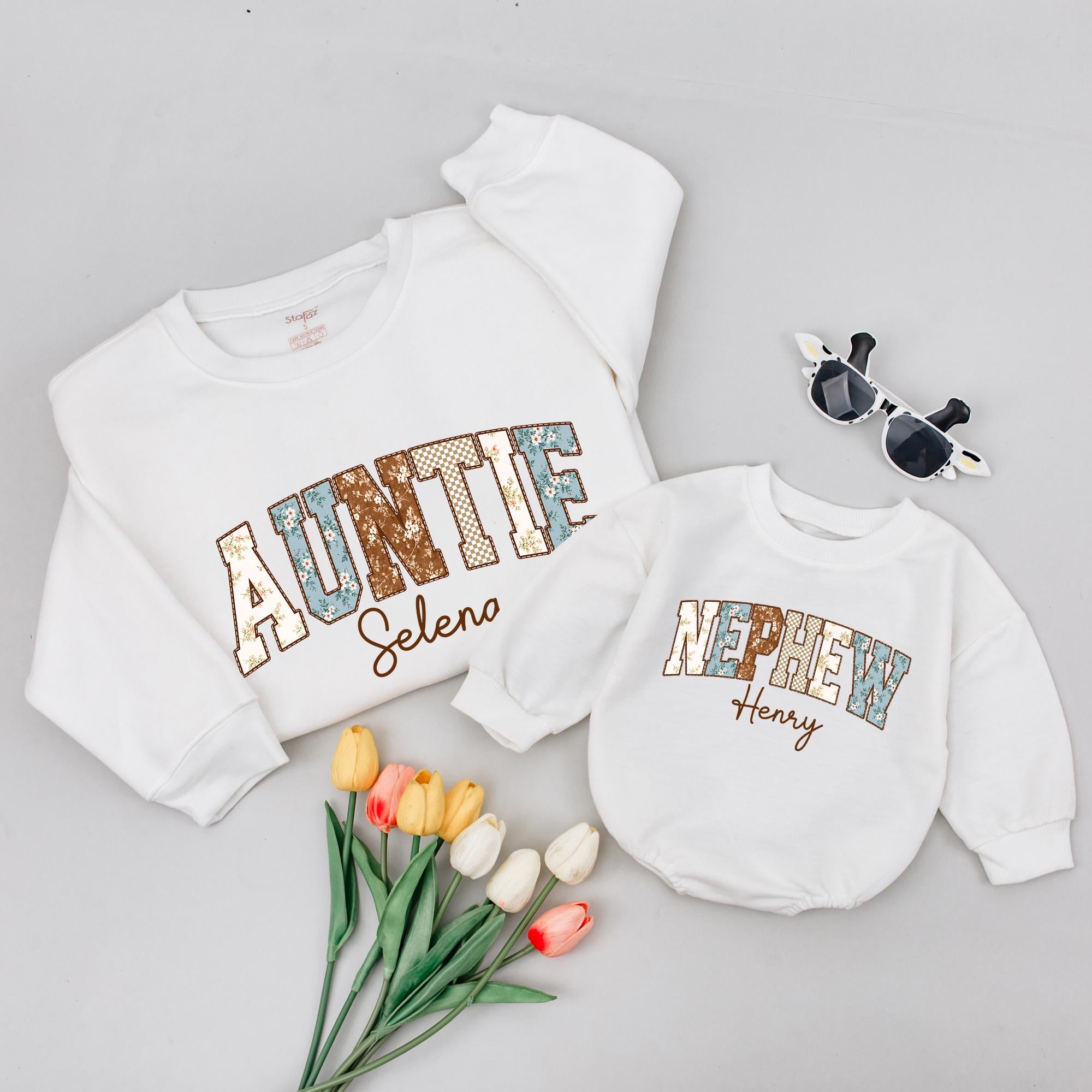 Auntie and Nephew Matching Outfits with Glitter Lettering, Custom Name Sweatshirt & Romper, Unique New Aunt Gift Idea
