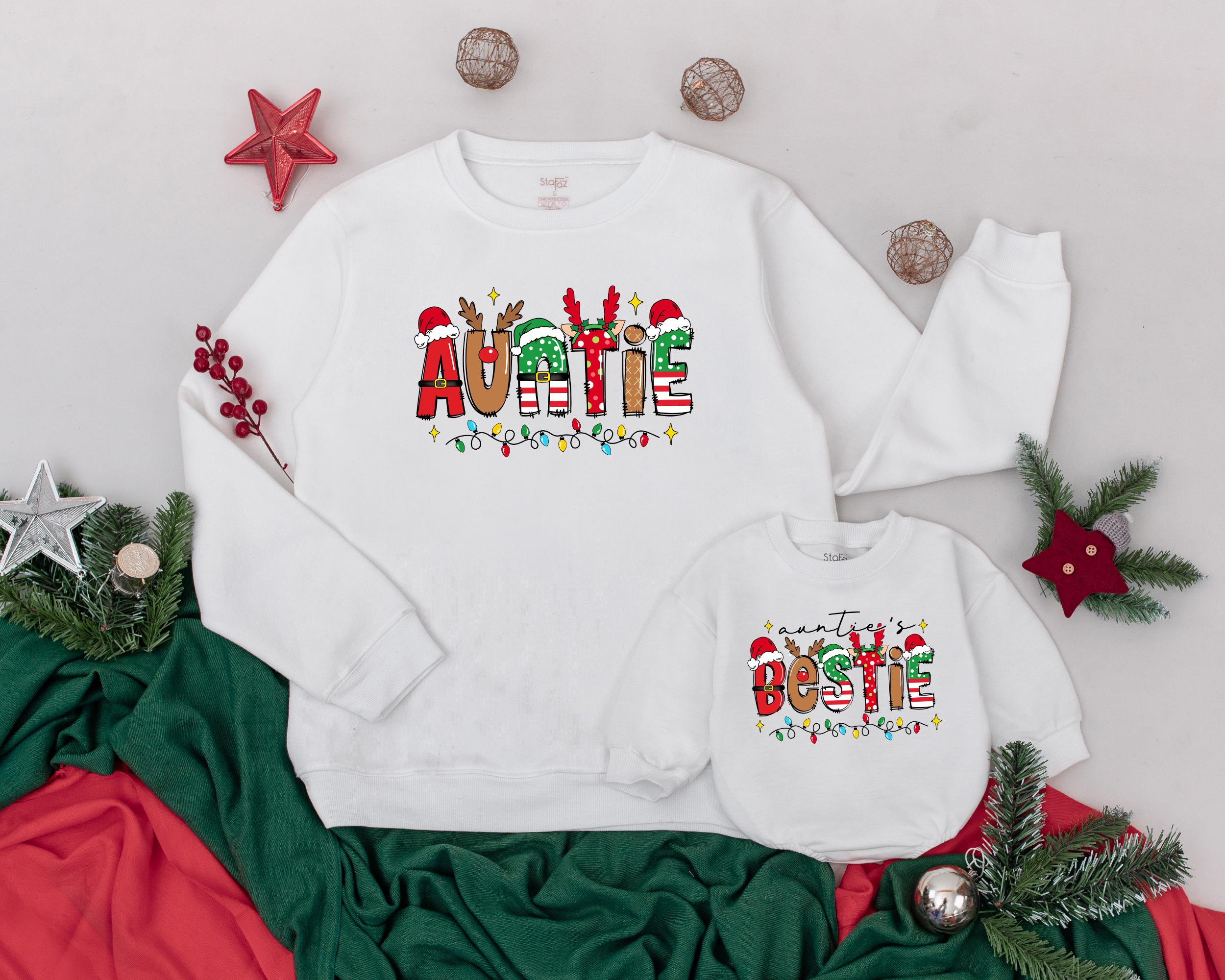 Auntie and Niece Matching Sweatshirts with Bold Christmas Lettering Cozy Holiday Outfit Personalized Gift for Aunt Festive Family Style