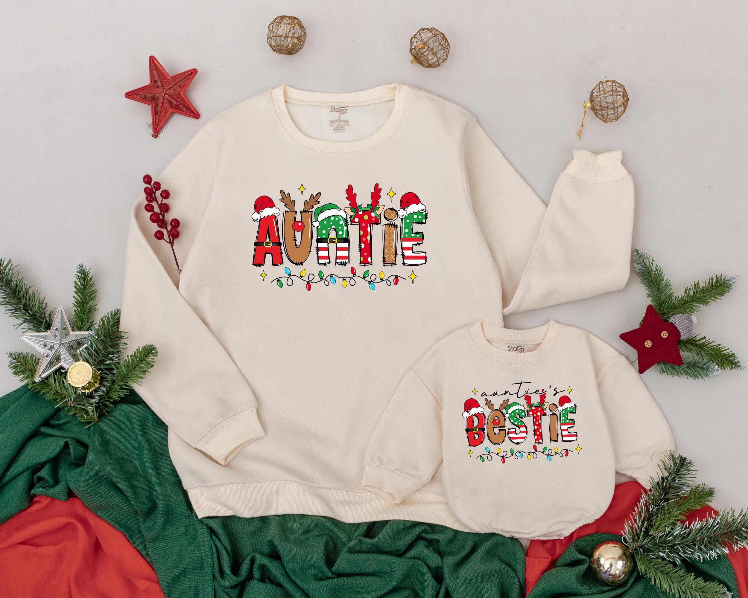 Auntie and Niece Matching Sweatshirts with Bold Christmas Lettering Cozy Holiday Outfit Personalized Gift for Aunt Festive Family Style