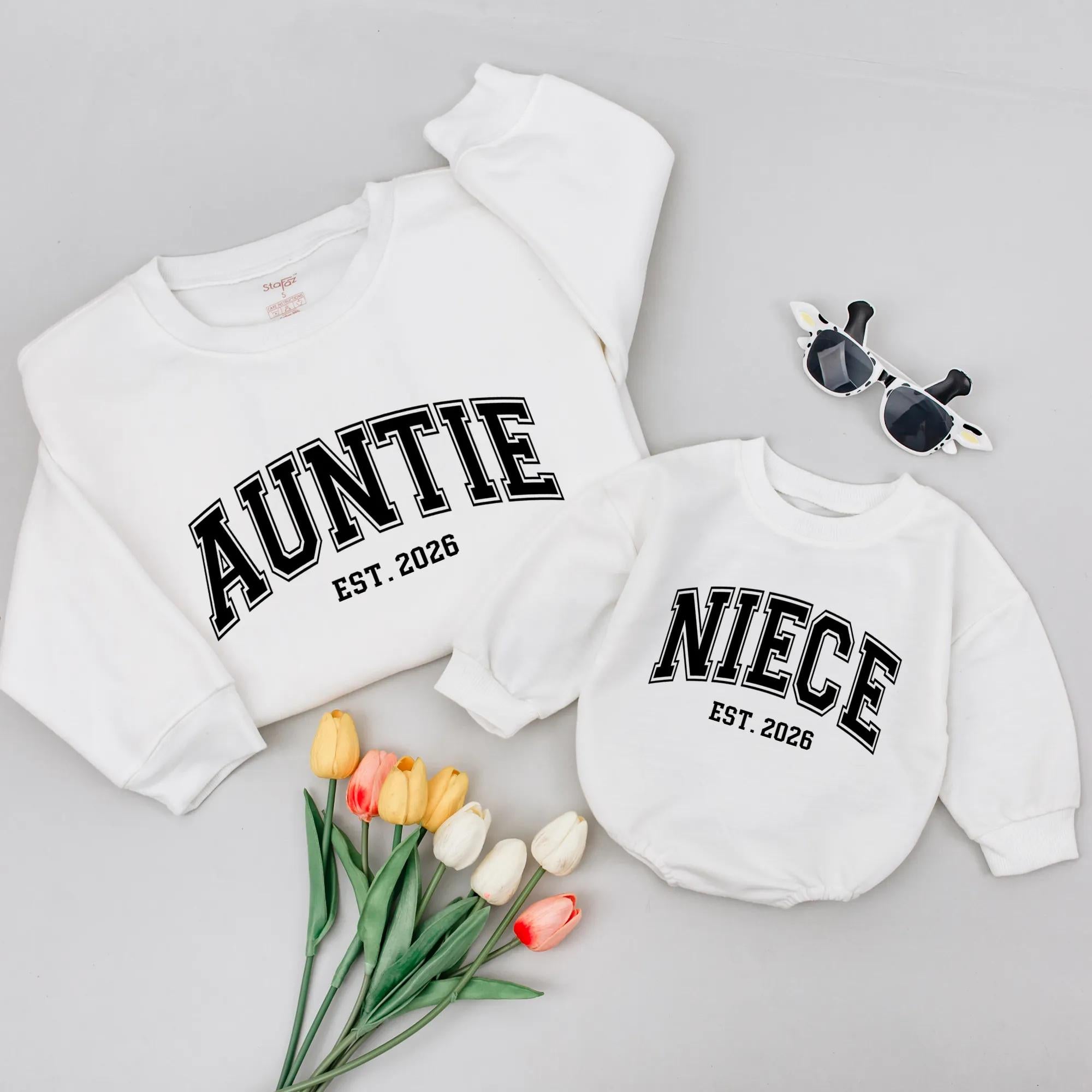 Auntie and Niece Matching Sweatshirts with Bold Retro Font, Custom Est. Year Design, Perfect Gift for New Aunt and Baby