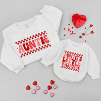 Auntie and Niece Matching Valentine Shirts with Retro Wavy Red Lettering Baby Romper Gift Auntie’s Little Valentine Outfit for Girls
