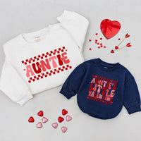 Auntie and Niece Matching Valentine Shirts with Retro Wavy Red Lettering Baby Romper Gift Auntie’s Little Valentine Outfit for Girls