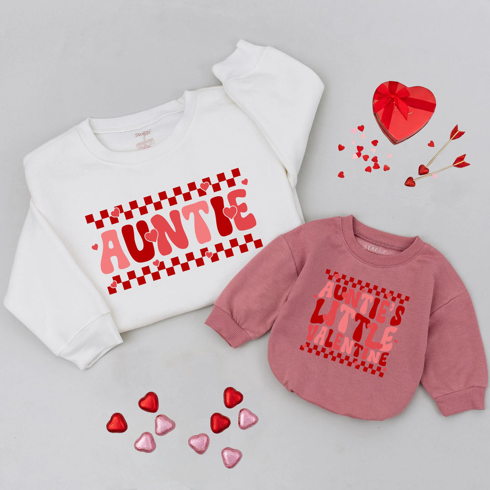 Auntie and Niece Matching Valentine Shirts with Retro Wavy Red Lettering Baby Romper Gift Auntie’s Little Valentine Outfit for Girls