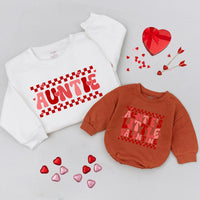 Auntie and Niece Matching Valentine Shirts with Retro Wavy Red Lettering Baby Romper Gift Auntie’s Little Valentine Outfit for Girls