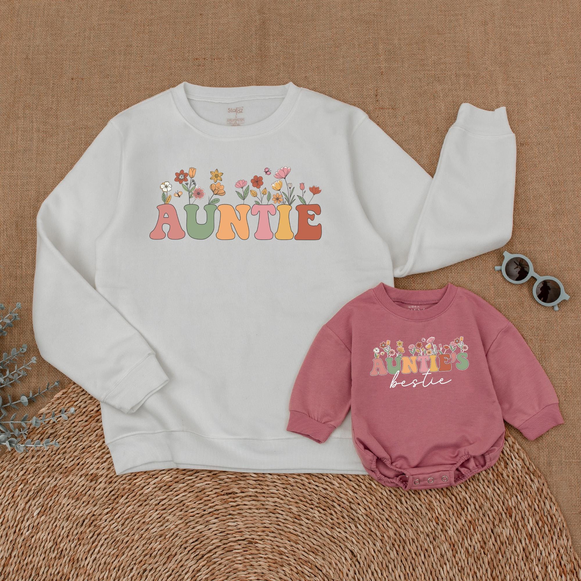 Auntie Wildflower Sweatshirts with Colorful Letters Matching Aunt Niece Custom Gifts Soft Cotton Vibrant Floral Design Family Outfit