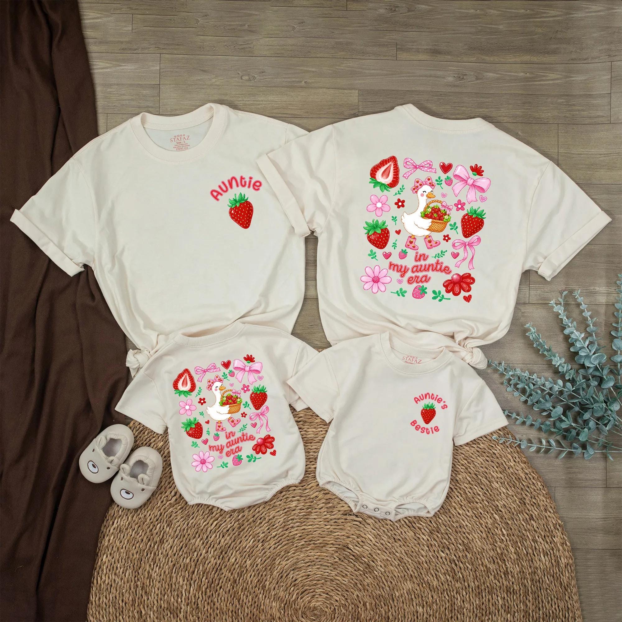 Auntie's Bestie Baby Bubble Romper and Auntie Shirt Set with Strawberry and Goose Artwork, Cute Matching Family Outfits
