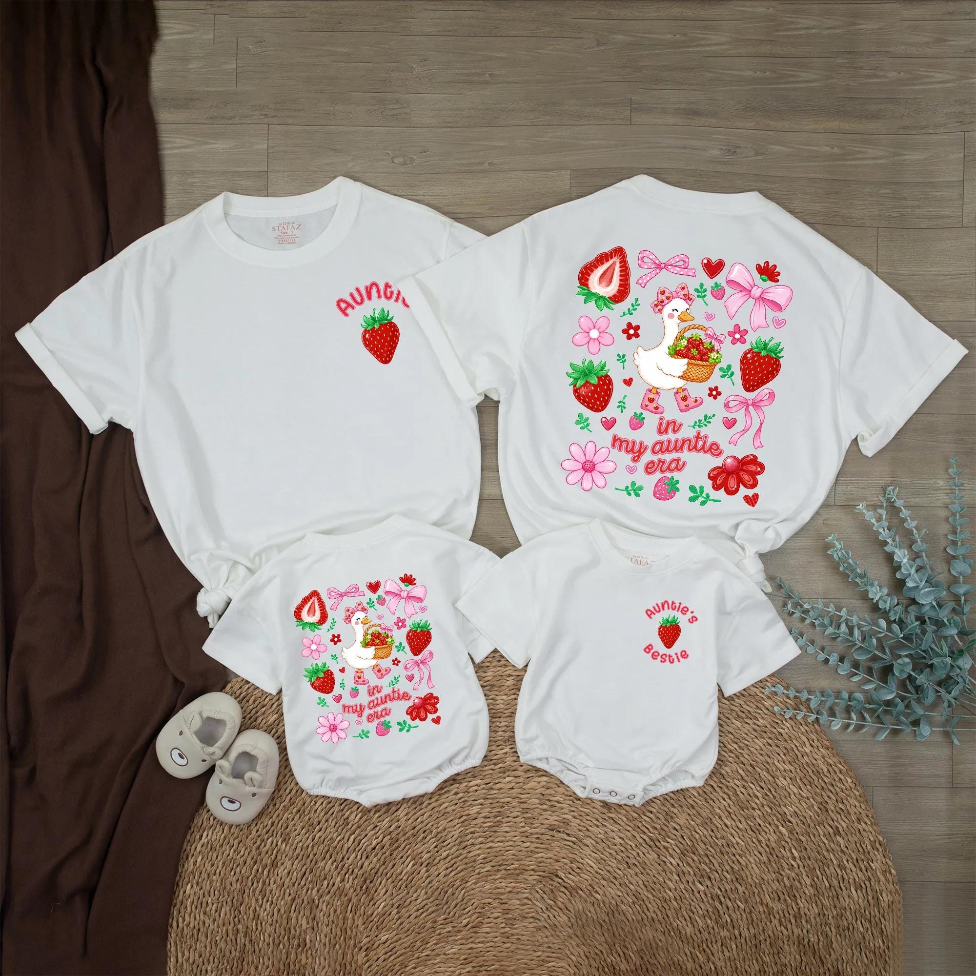 Auntie's Bestie Baby Bubble Romper and Auntie Shirt Set with Strawberry and Goose Artwork, Cute Matching Family Outfits