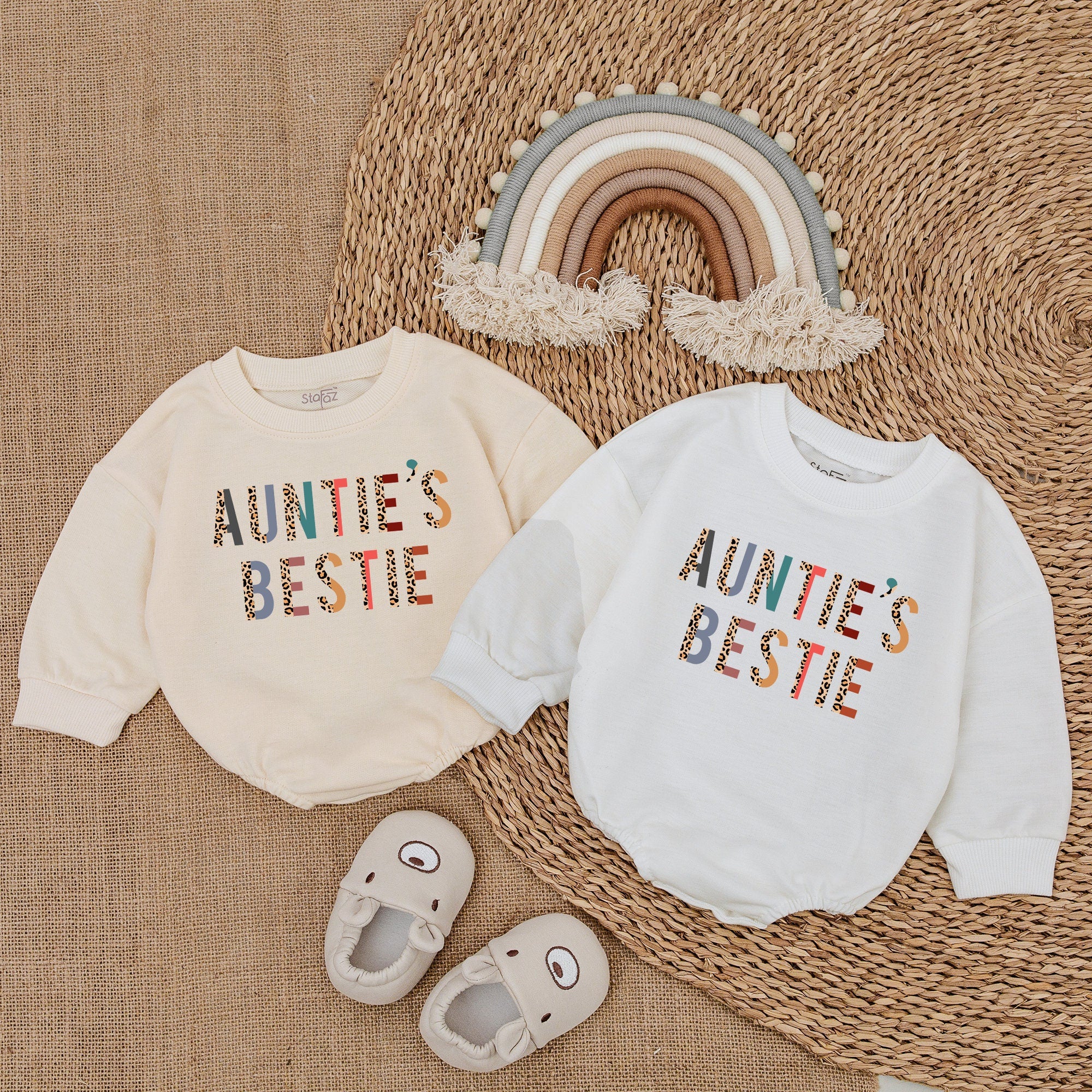 Auntie's Bestie Baby Romper Leopard Stripes Teal Orange Newborn Gift Soft Cotton Modern Vibrant Outfit for Birthday or Casual Wear