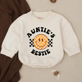 Auntie's Bestie Baby Romper with Retro Smiley Face, Long Sleeve Cotton Outfit for Newborns and Infants, Cute Gift for Baby Showers or Birthdays