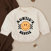 Auntie's Bestie Baby Romper with Retro Smiley Face, Long Sleeve Cotton Outfit for Newborns and Infants, Cute Gift for Baby Showers or Birthdays