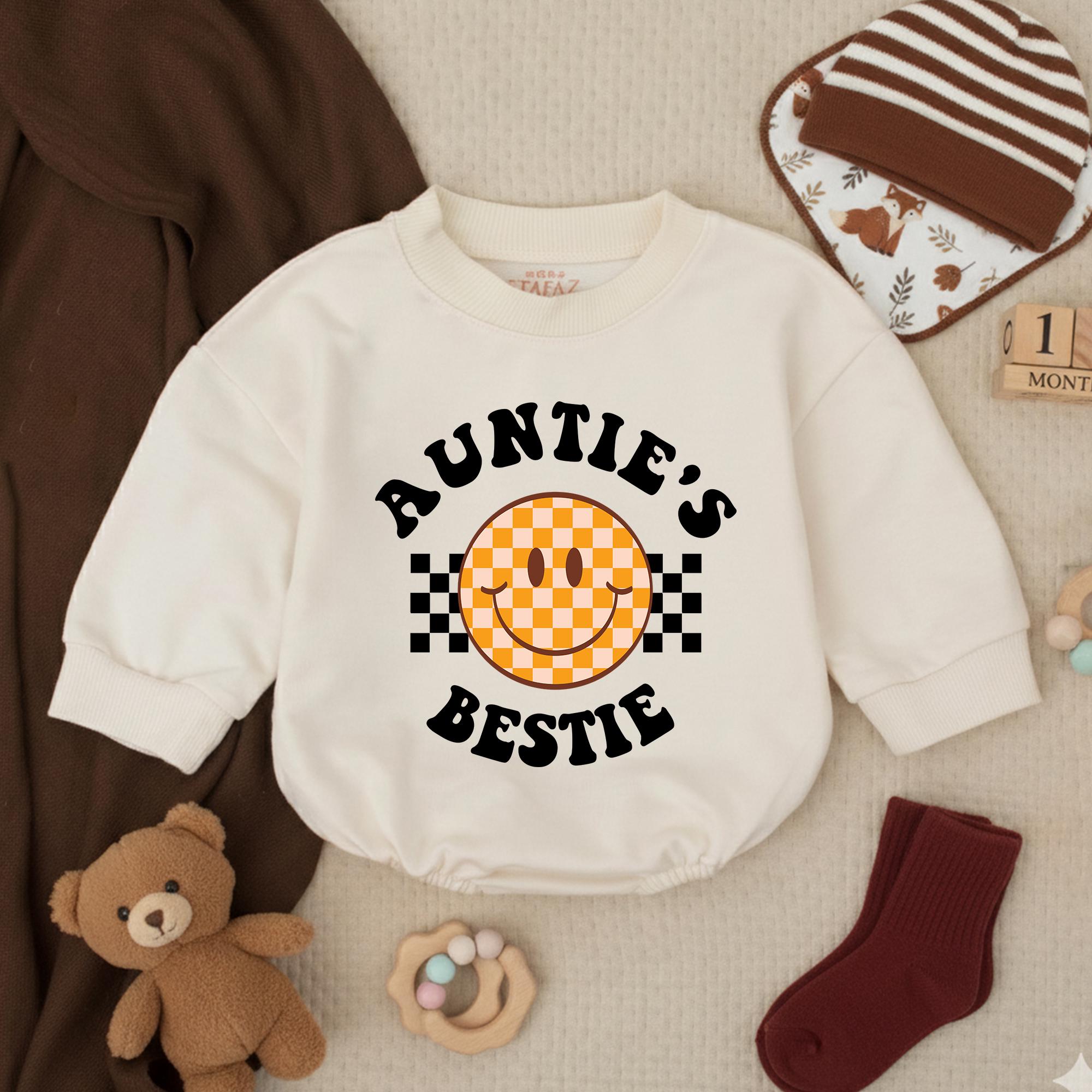 Auntie's Bestie Baby Romper with Retro Smiley Face, Long Sleeve Cotton Outfit for Newborns and Infants, Cute Gift for Baby Showers or Birthdays