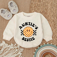 Auntie's Bestie Baby Romper with Retro Smiley Face, Long Sleeve Cotton Outfit for Newborns and Infants, Cute Gift for Baby Showers or Birthdays