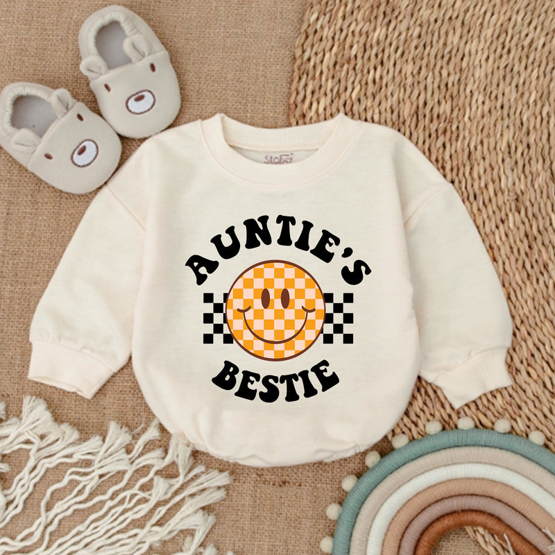 Auntie's Bestie Baby Romper with Retro Smiley Face, Long Sleeve Cotton Outfit for Newborns and Infants, Cute Gift for Baby Showers or Birthdays