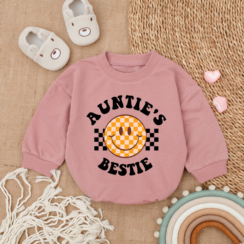 Auntie's Bestie Baby Romper with Retro Smiley Face, Long Sleeve Cotton Outfit for Newborns and Infants, Cute Gift for Baby Showers or Birthdays