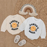 Auntie's Bestie Baby Romper with Retro Smiley Face, Long Sleeve Cotton Outfit for Newborns and Infants, Cute Gift for Baby Showers or Birthdays