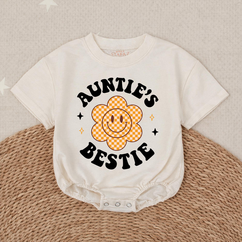 Auntie’s Bestie Baby Romper with Retro Smiley Flower Preppy Design, Soft Cotton Outfit for Baby Girl, Cute Auntie Gift Birthday Clothes