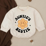 Auntie’s Bestie Baby Romper with Retro Smiley Flower Preppy Design, Soft Cotton Outfit for Baby Girl, Cute Auntie Gift Birthday Clothes