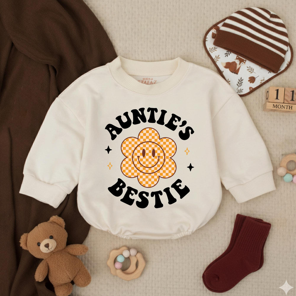 Auntie’s Bestie Baby Romper with Retro Smiley Flower Preppy Design, Soft Cotton Outfit for Baby Girl, Cute Auntie Gift Birthday Clothes