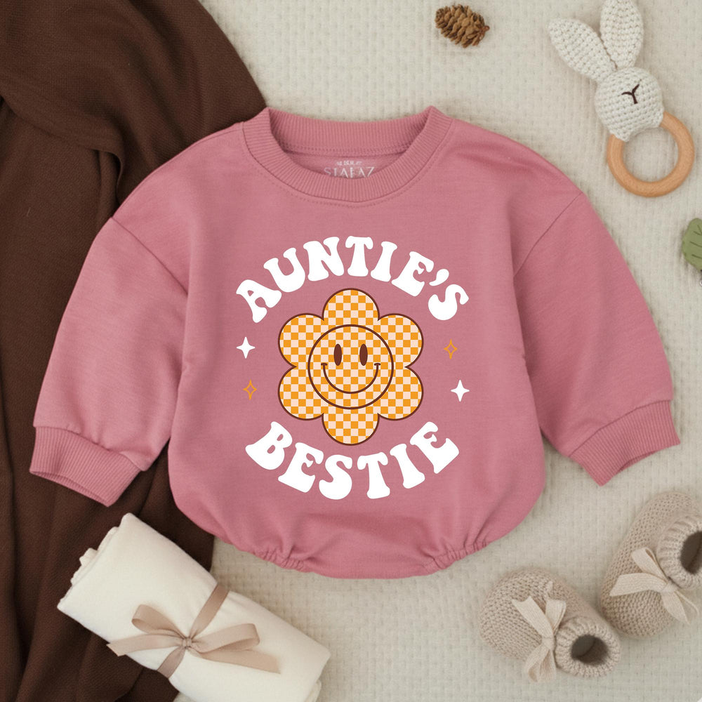 Auntie’s Bestie Baby Romper with Retro Smiley Flower Preppy Design, Soft Cotton Outfit for Baby Girl, Cute Auntie Gift Birthday Clothes