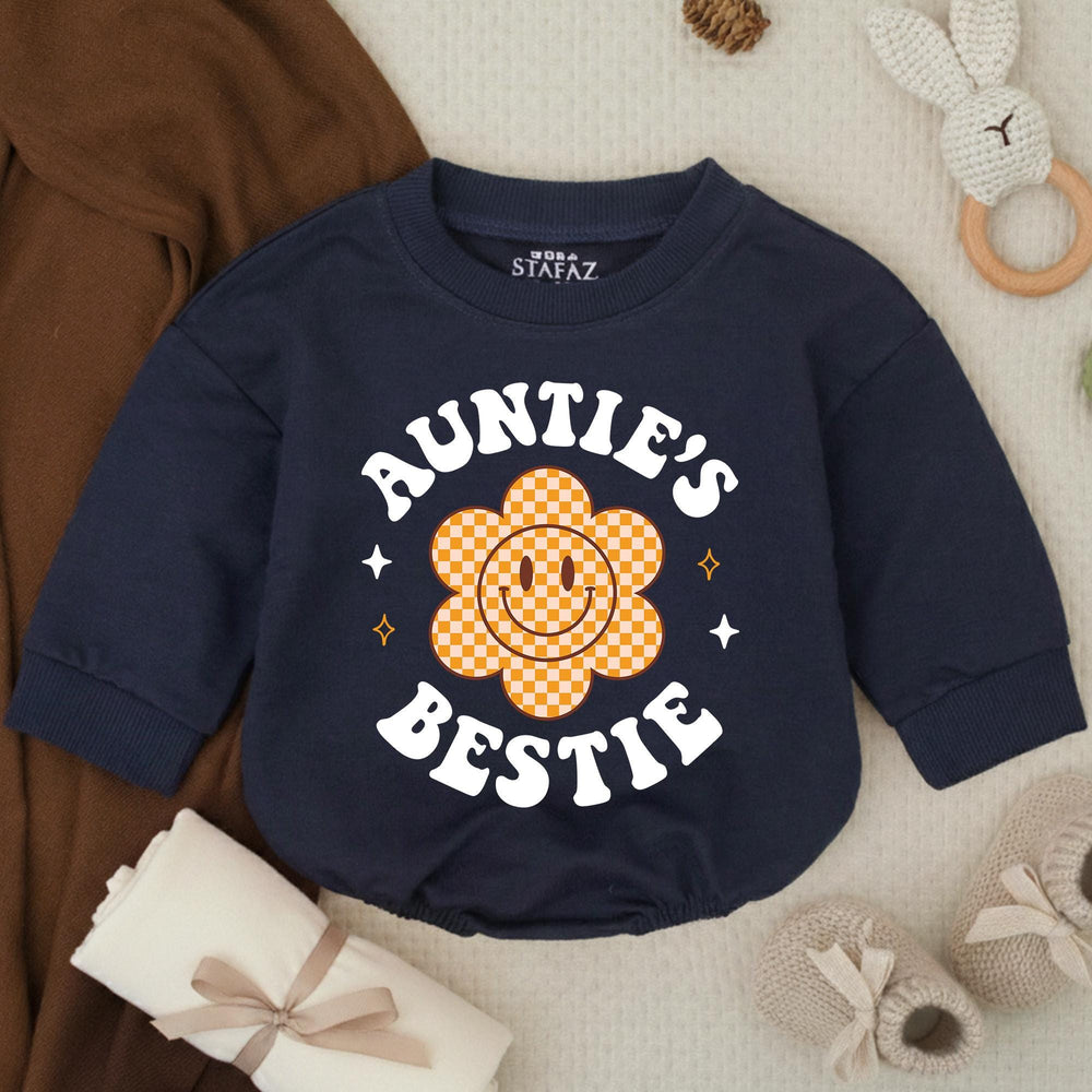 Auntie’s Bestie Baby Romper with Retro Smiley Flower Preppy Design, Soft Cotton Outfit for Baby Girl, Cute Auntie Gift Birthday Clothes