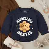 Auntie’s Bestie Baby Romper with Retro Smiley Flower Preppy Design, Soft Cotton Outfit for Baby Girl, Cute Auntie Gift Birthday Clothes
