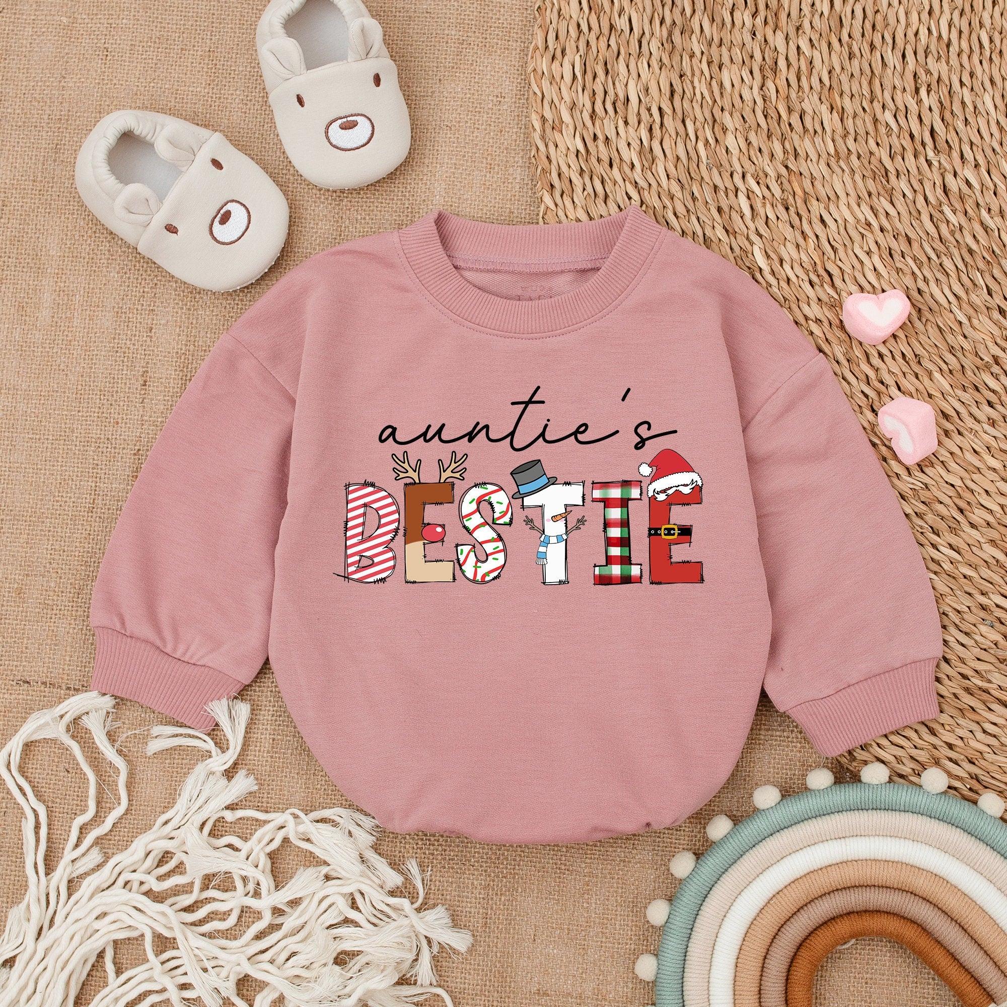 Auntie's Bestie Christmas Romper Cozy Baby Bodysuit Festive Long Sleeve Outfit Newborn Girl Holiday Clothes with Reindeer Antlers
