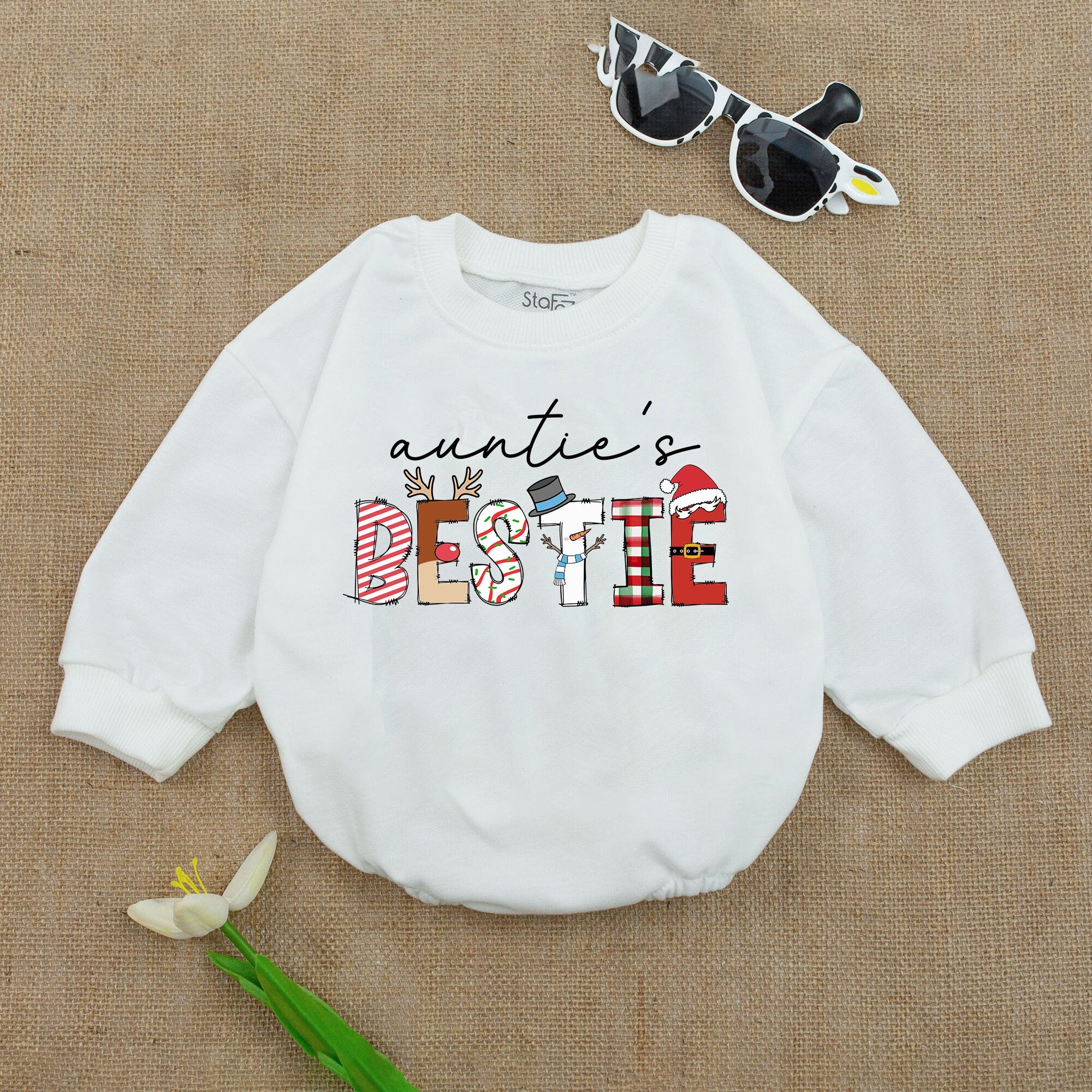Auntie's Bestie Christmas Romper Cozy Baby Bodysuit Festive Long Sleeve Outfit Newborn Girl Holiday Clothes with Reindeer Antlers