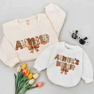 Auntie's Bestie Fall Sweatshirt with Bow Graphic, Thanksgiving Matching Family Shirts, Cute Pumpkin Coquette Style for Kids & Adults