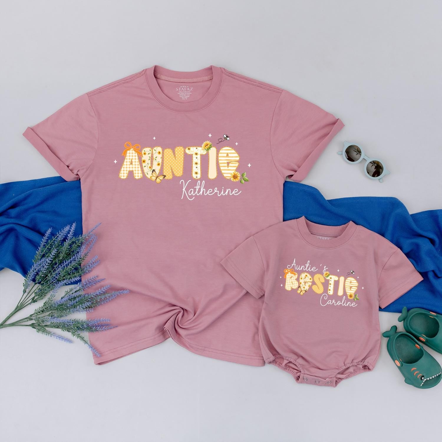 Auntie's Bestie Matching Shirts with Floral Lettering, Custom Name Aunt T-Shirt and Baby Bodysuit Set, New Aunt Gift Outfit