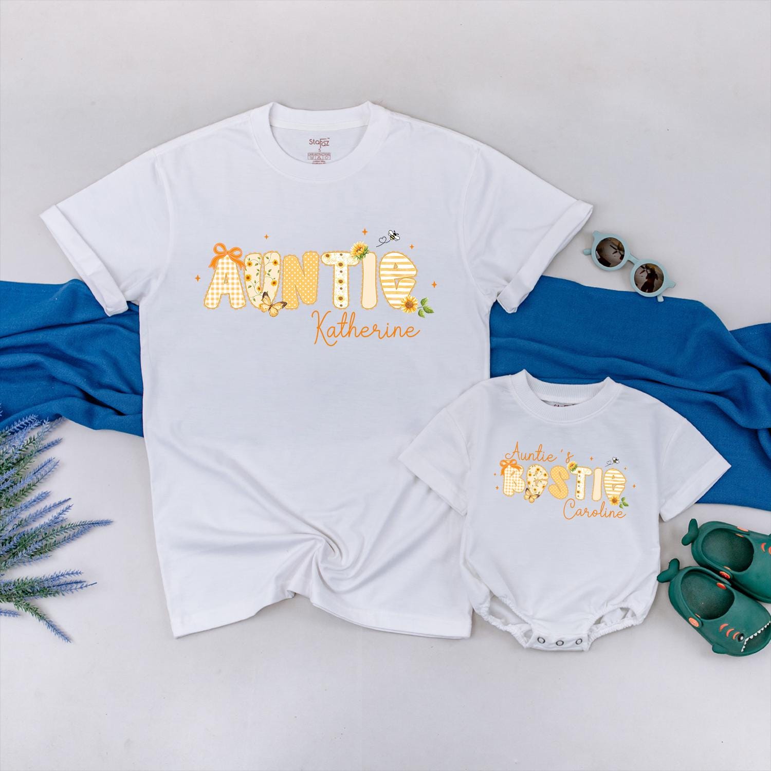 Auntie's Bestie Matching Shirts with Floral Lettering, Custom Name Aunt T-Shirt and Baby Bodysuit Set, New Aunt Gift Outfit