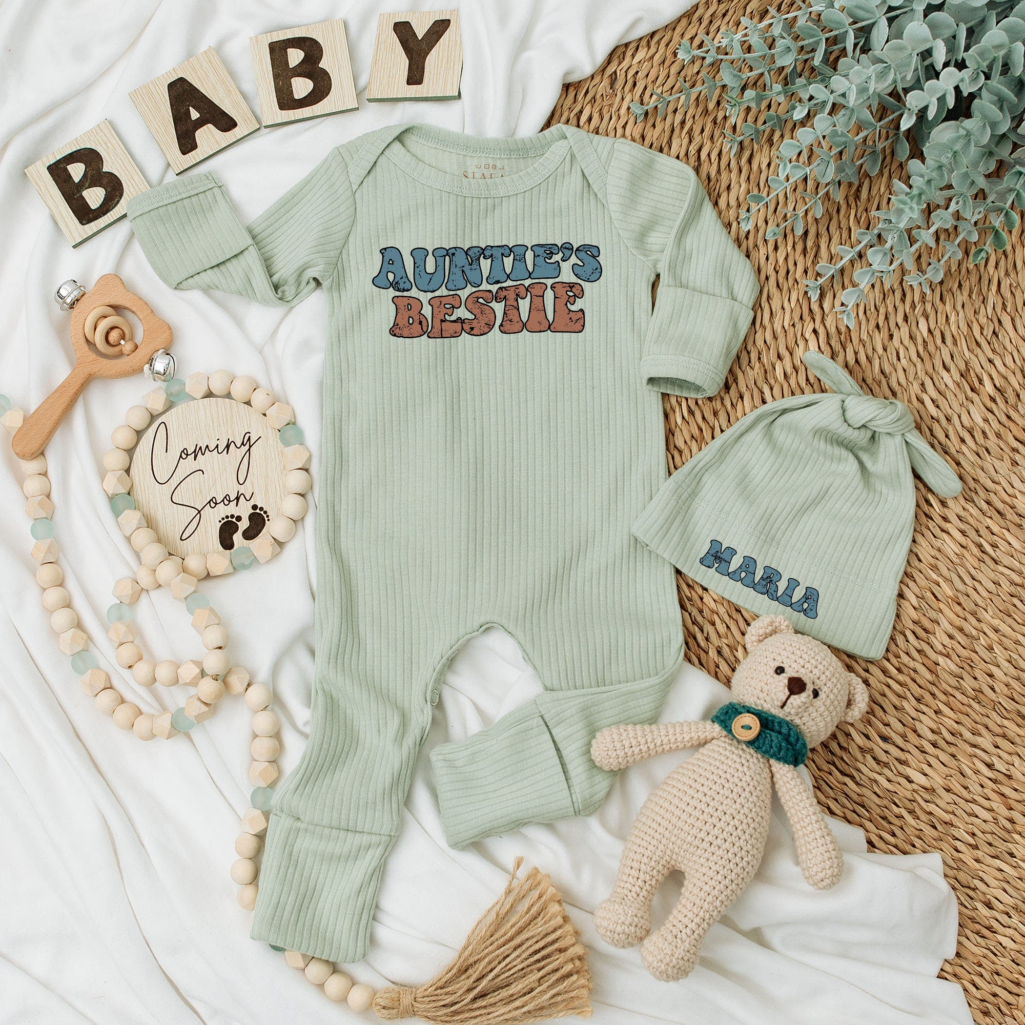 Auntie's Bestie Newborn Bodysuit and Hat Set Personalized Retro Style Baby Shower Gift Long Sleeve Cotton Outfit Custom Name Option