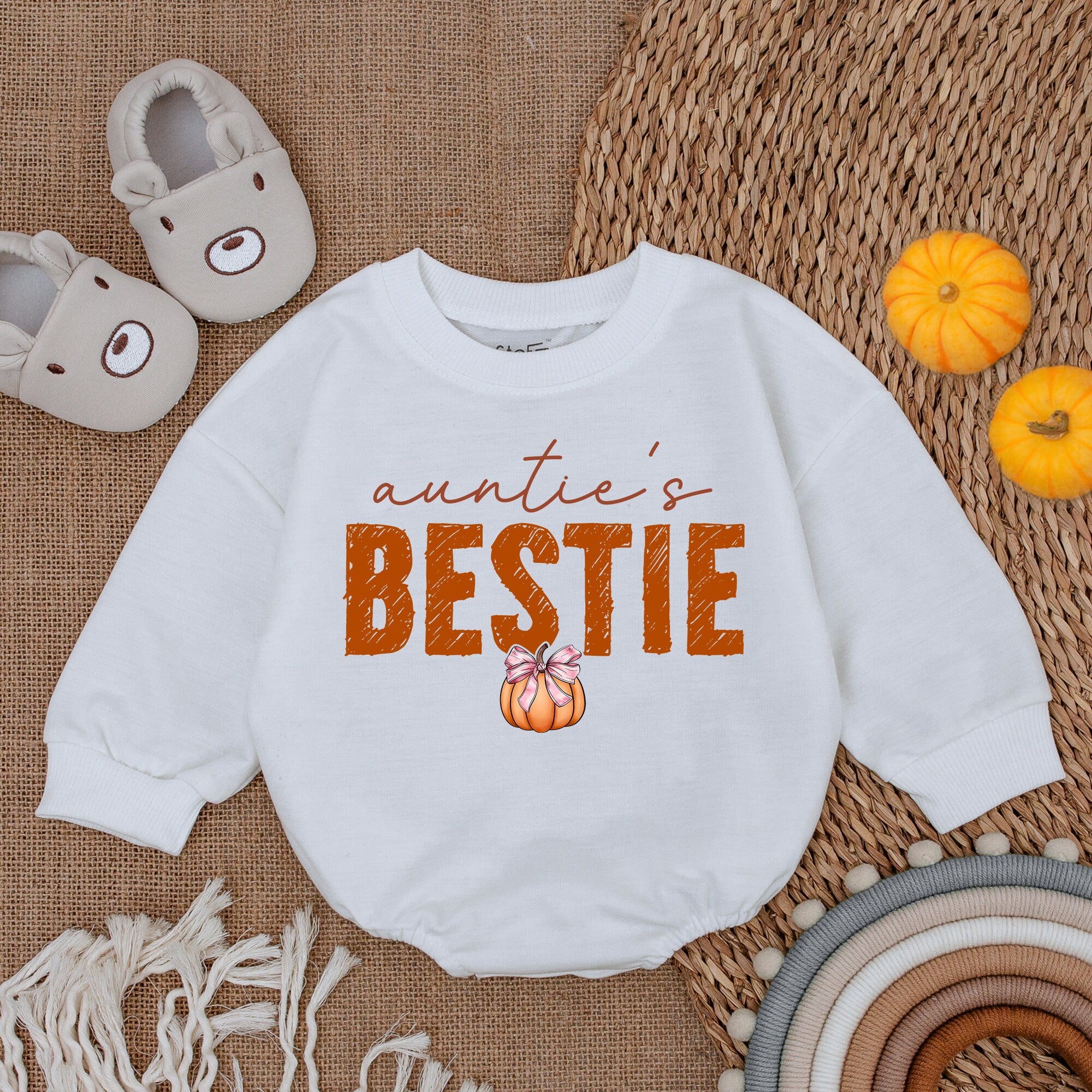 Auntie's Bestie Pumpkin Baby Romper First Thanksgiving Outfit Newborn Fall Holiday Clothes Soft Cotton Earthy Brown Orange Design
