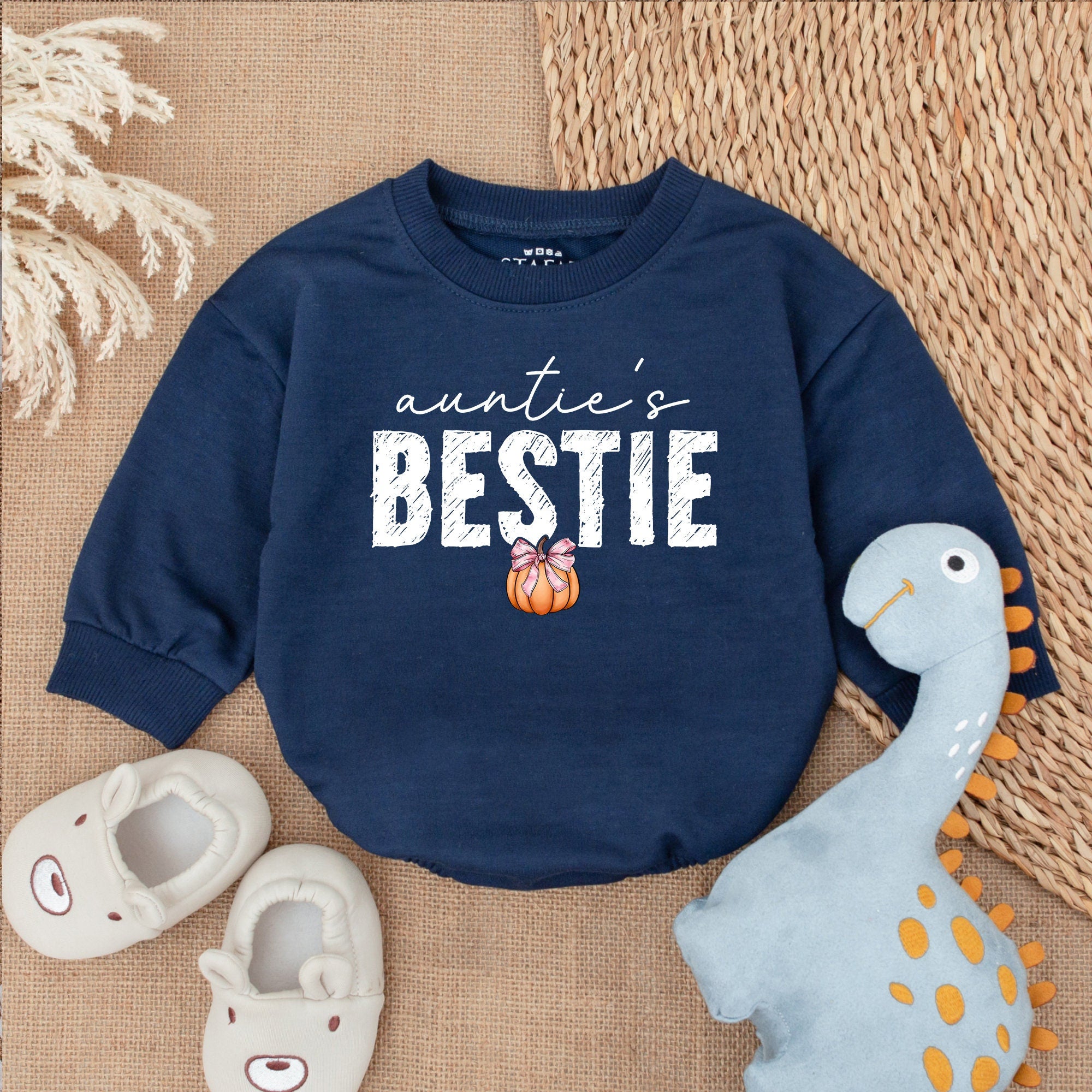 Auntie's Bestie Pumpkin Baby Romper First Thanksgiving Outfit Newborn Fall Holiday Clothes Soft Cotton Earthy Brown Orange Design