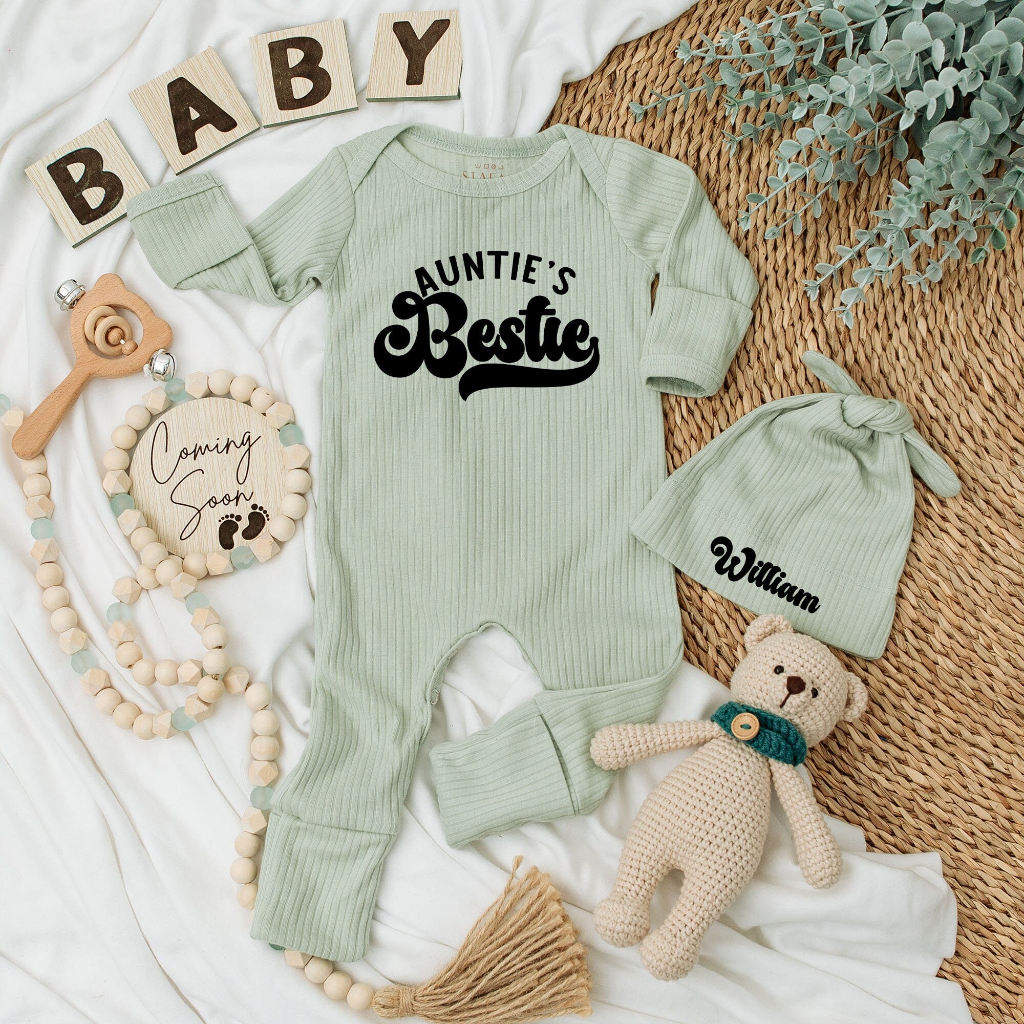 Auntie's Bestie Retro Baby Bodysuit Set Personalized Newborn Outfit Gift Long Sleeve Baby Shower or Coming Home Ensemble