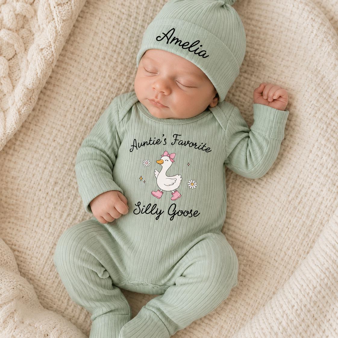 Auntie’s Favorite Silly Goose Baby Bodysuit and Hat Set with Custom Name, Adorable Newborn Outfit, Baby Shower Gift Idea