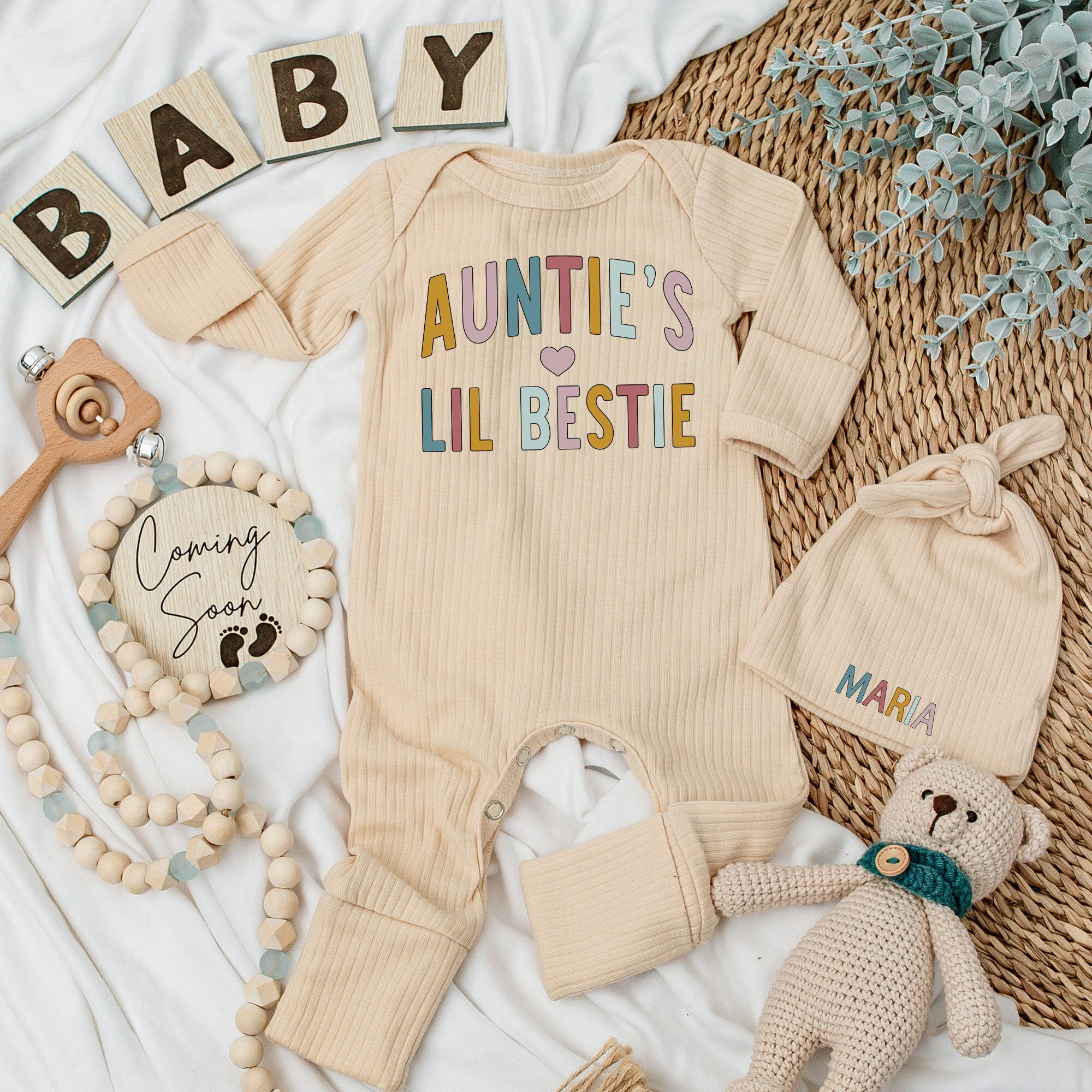 Auntie's Lil Bestie Baby Bodysuit and Hat Set Personalized Newborn Coming Home Gift Soft Multicolored Design Long Sleeve Outfit