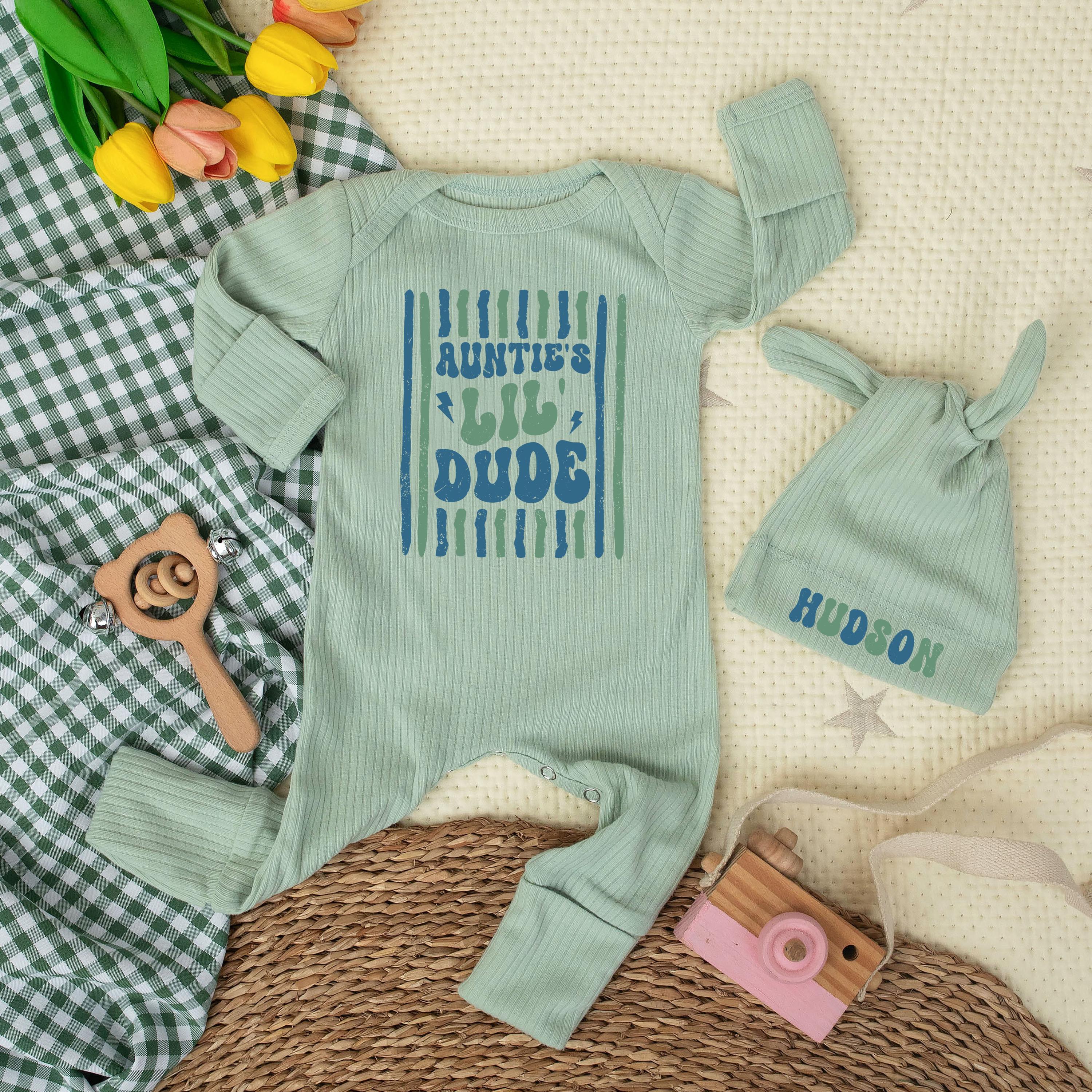 Auntie's Lil' Dude Baby Bodysuit and Hat Set with Custom Name, Cute Newborn Outfit, Baby Shower Gift for Nephew from Aunt