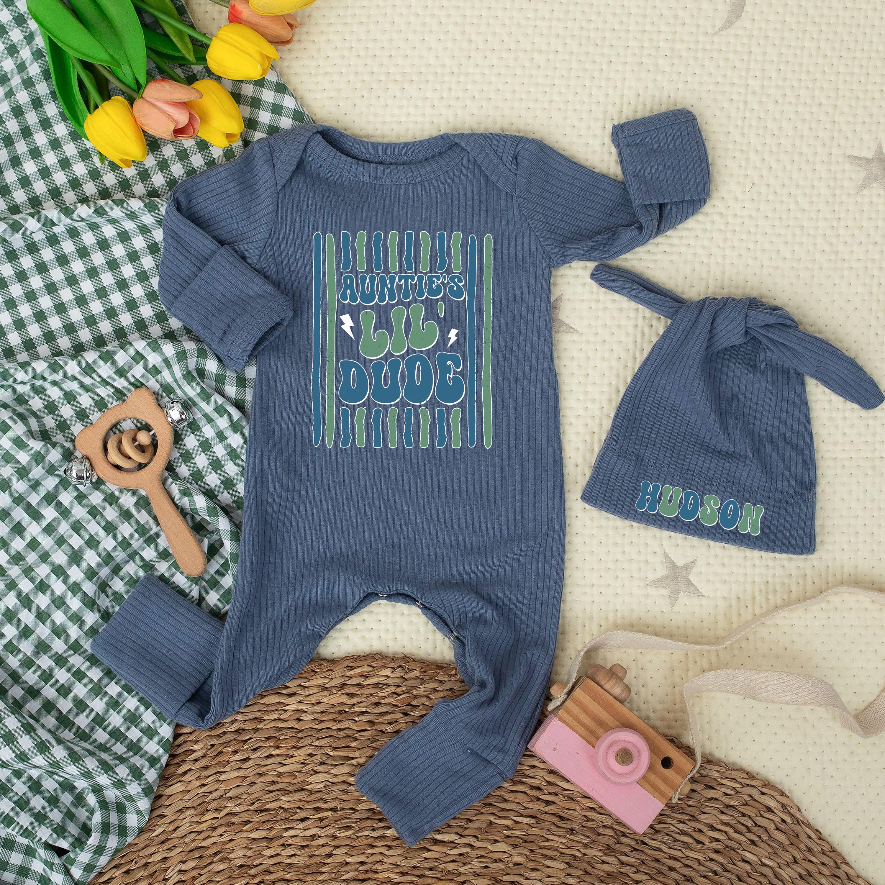 Auntie's Lil' Dude Baby Bodysuit and Hat Set with Custom Name, Cute Newborn Outfit, Baby Shower Gift for Nephew from Aunt