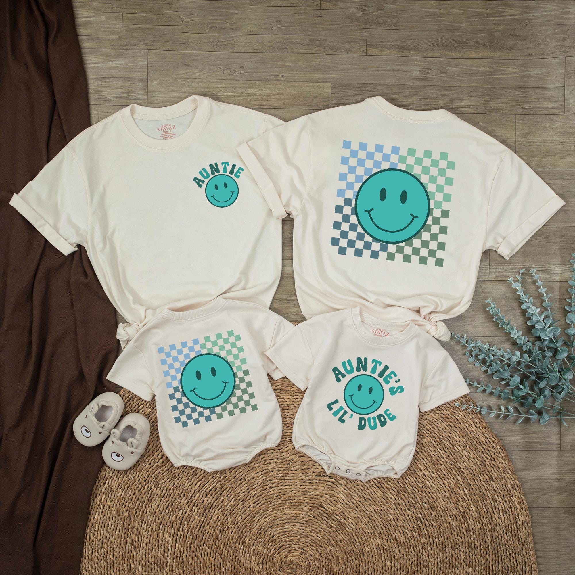 Auntie’s Lil Dude Baby Romper with Retro Teal Smiley Face Checkered Pattern Matching Auntie Shirt Family Outfit Cute Gift Idea Cotton