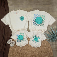 Auntie’s Lil Dude Baby Romper with Retro Teal Smiley Face Checkered Pattern Matching Auntie Shirt Family Outfit Cute Gift Idea Cotton