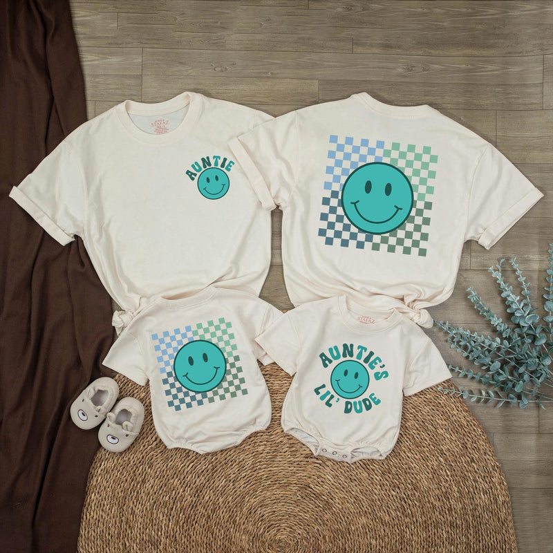 Auntie’s Lil Dude Baby Romper with Retro Teal Smiley Face Checkered Pattern Matching Auntie Shirt Family Outfit Cute Gift Idea Cotton