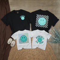 Auntie’s Lil Dude Baby Romper with Retro Teal Smiley Face Checkered Pattern Matching Auntie Shirt Family Outfit Cute Gift Idea Cotton