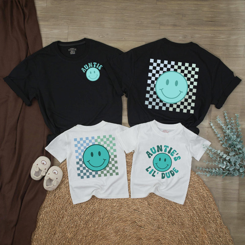 Auntie’s Lil Dude Baby Romper with Retro Teal Smiley Face Checkered Pattern Matching Auntie Shirt Family Outfit Cute Gift Idea Cotton
